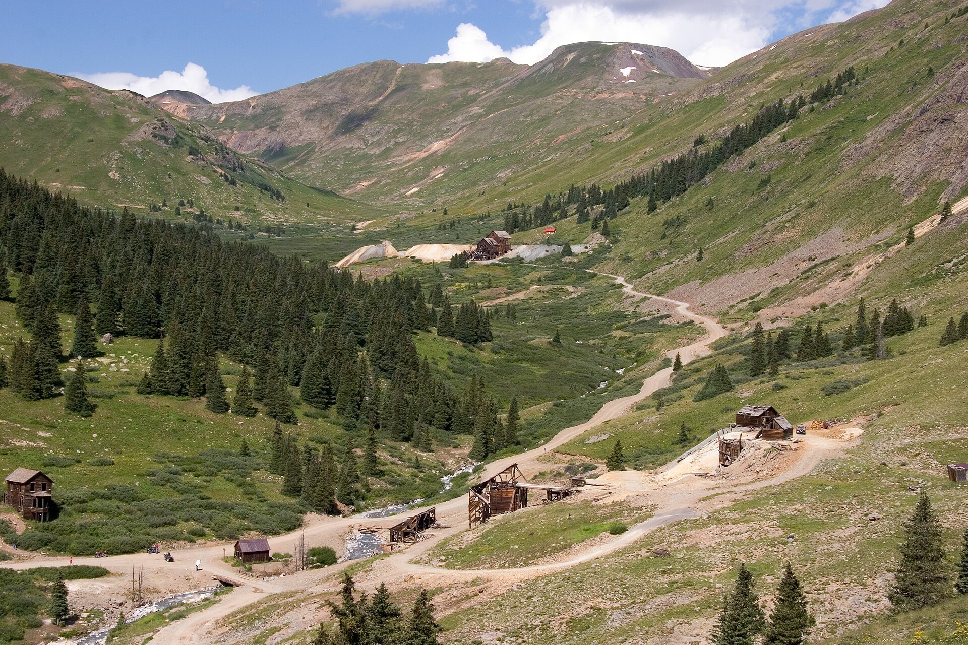 Animas Forks townsite in the upper Animas River valley with mountains behind