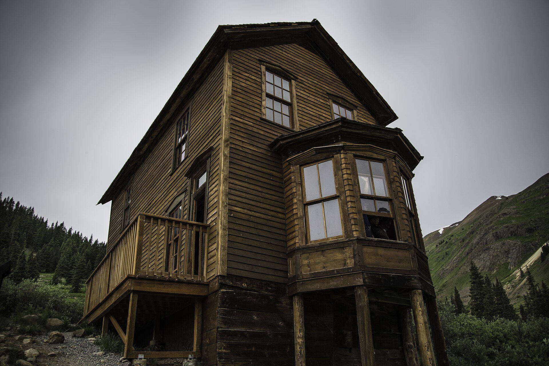 Close view of the Duncan House bay window at Animas Forks ghost town