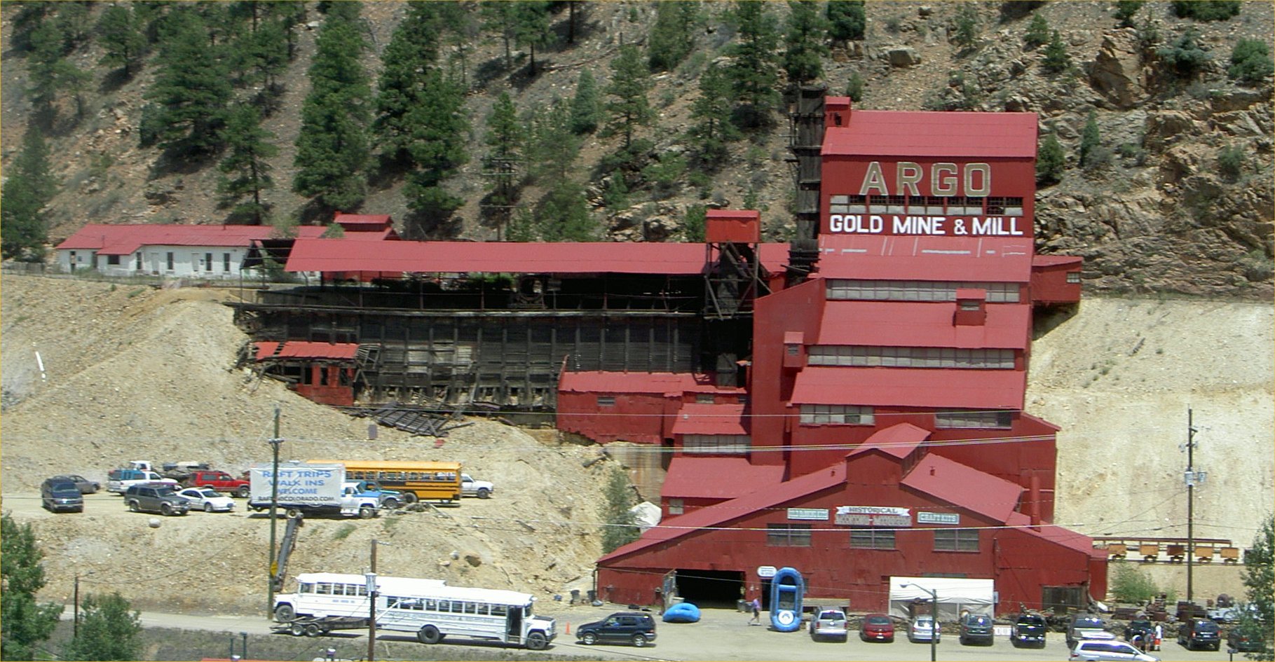 Argo Gold Mine and Mill buildings above the parking area