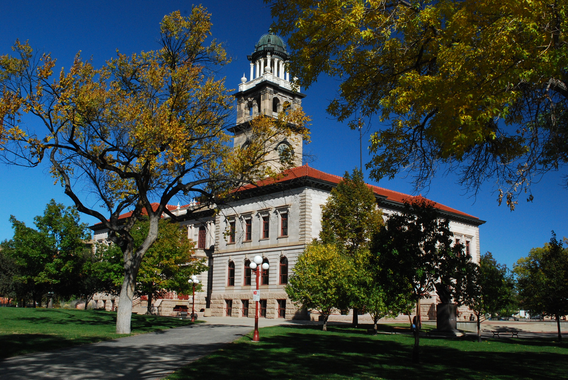 Pioneers Museum framed by fall trees