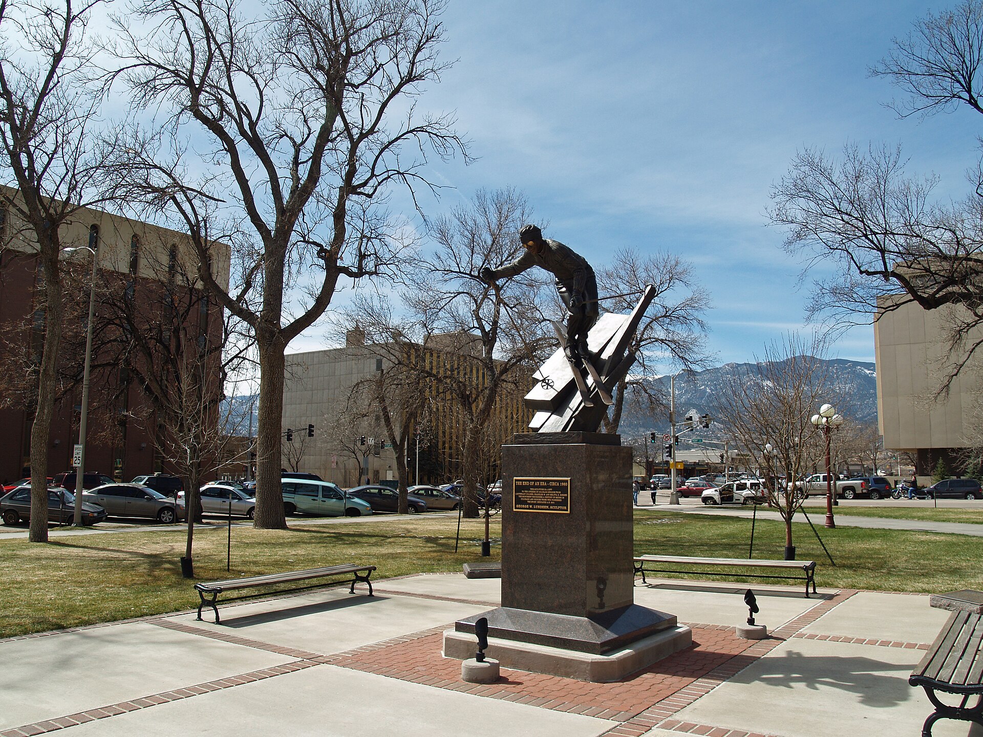 Sculpture in the plaza outside the Colorado Springs Pioneers Museum