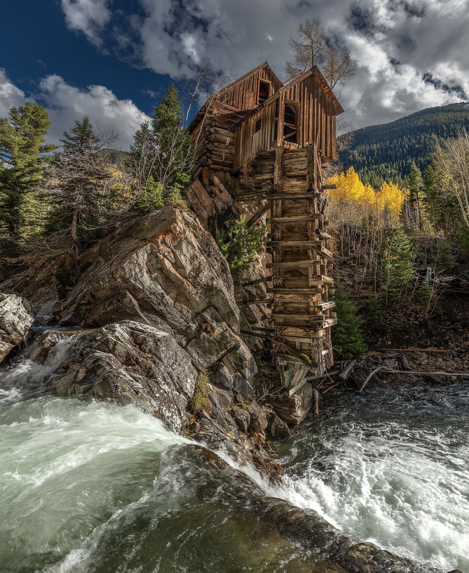 The Crystal Mill on its rock outcrop above the rushing Crystal River