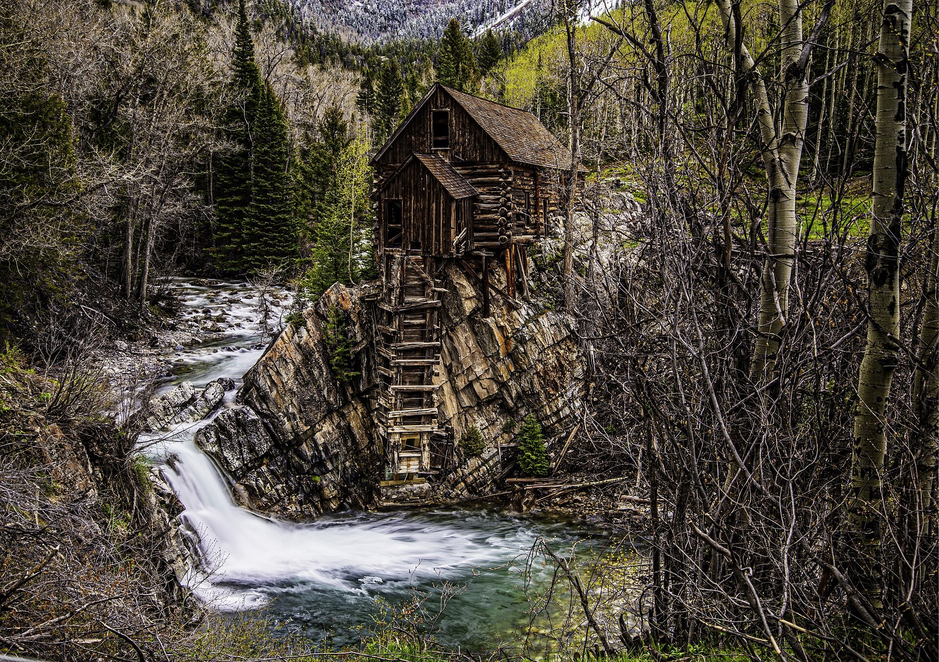 Crystal Mill and its waterfall before the trees leaf out