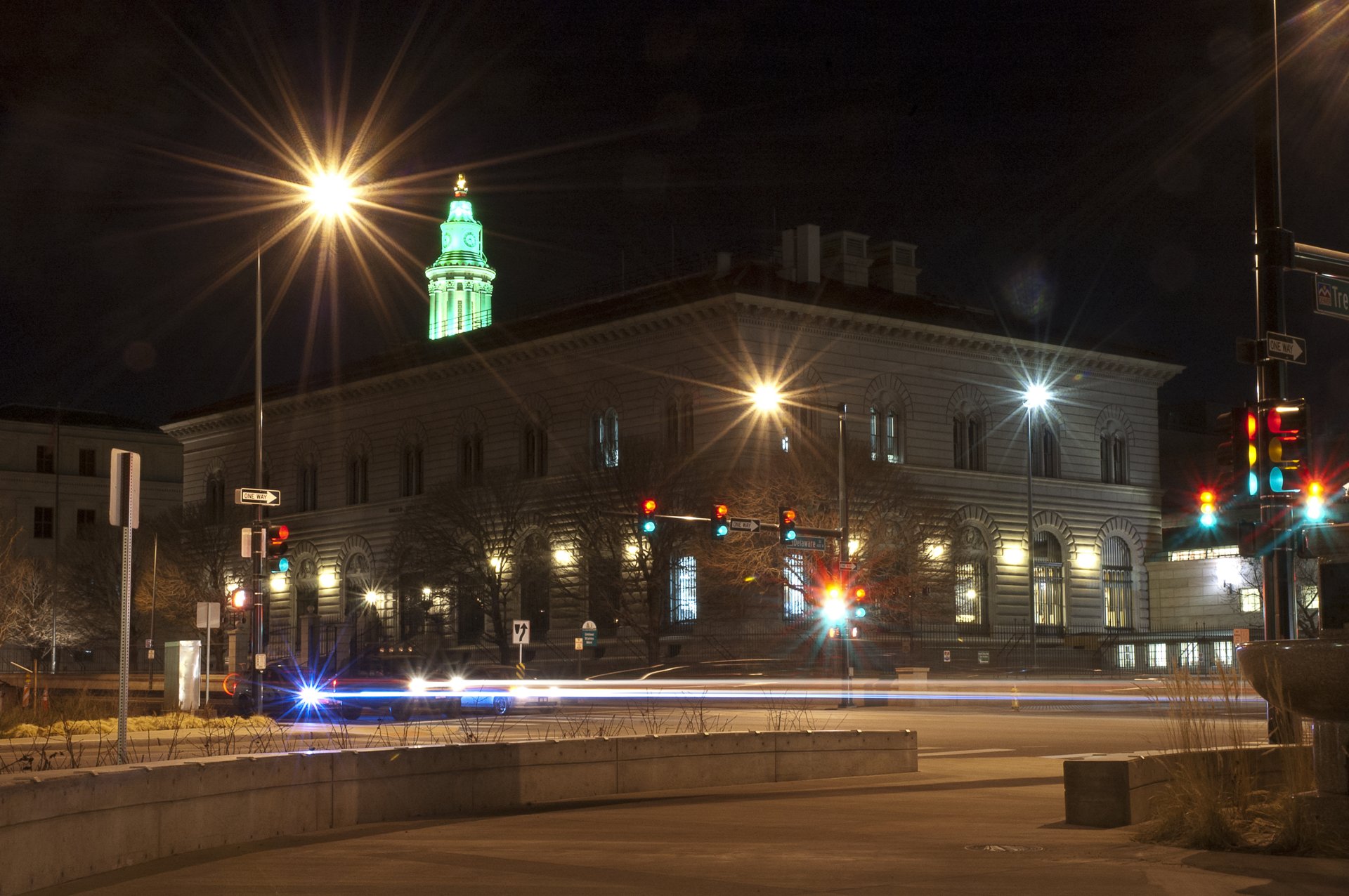 Denver Mint at night from West Colfax Avenue and Delaware Street