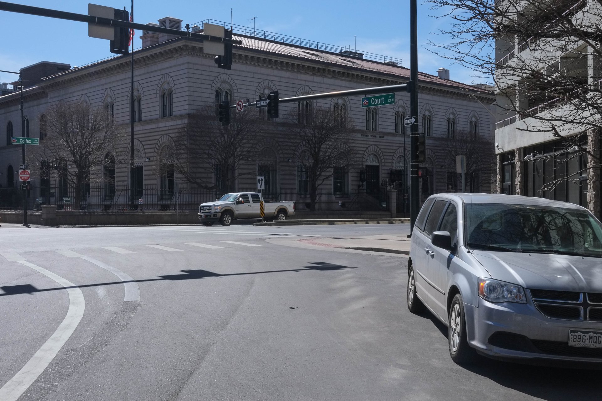 Denver Mint seen from a downtown Denver street corner