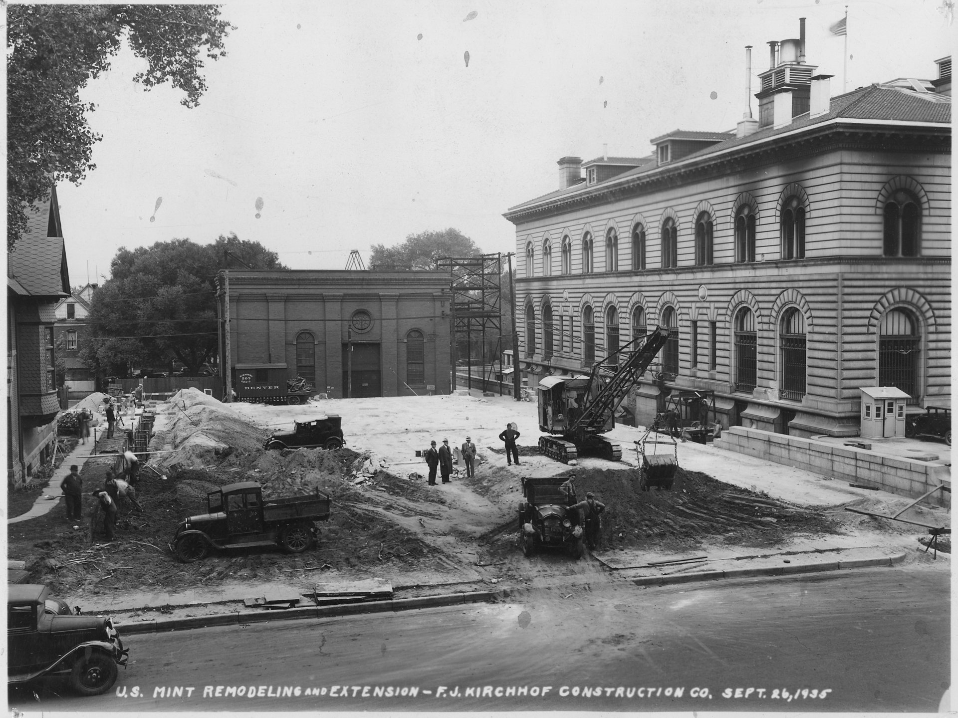 Denver Mint remodeling and expansion work in 1935, looking west from Cherokee Street