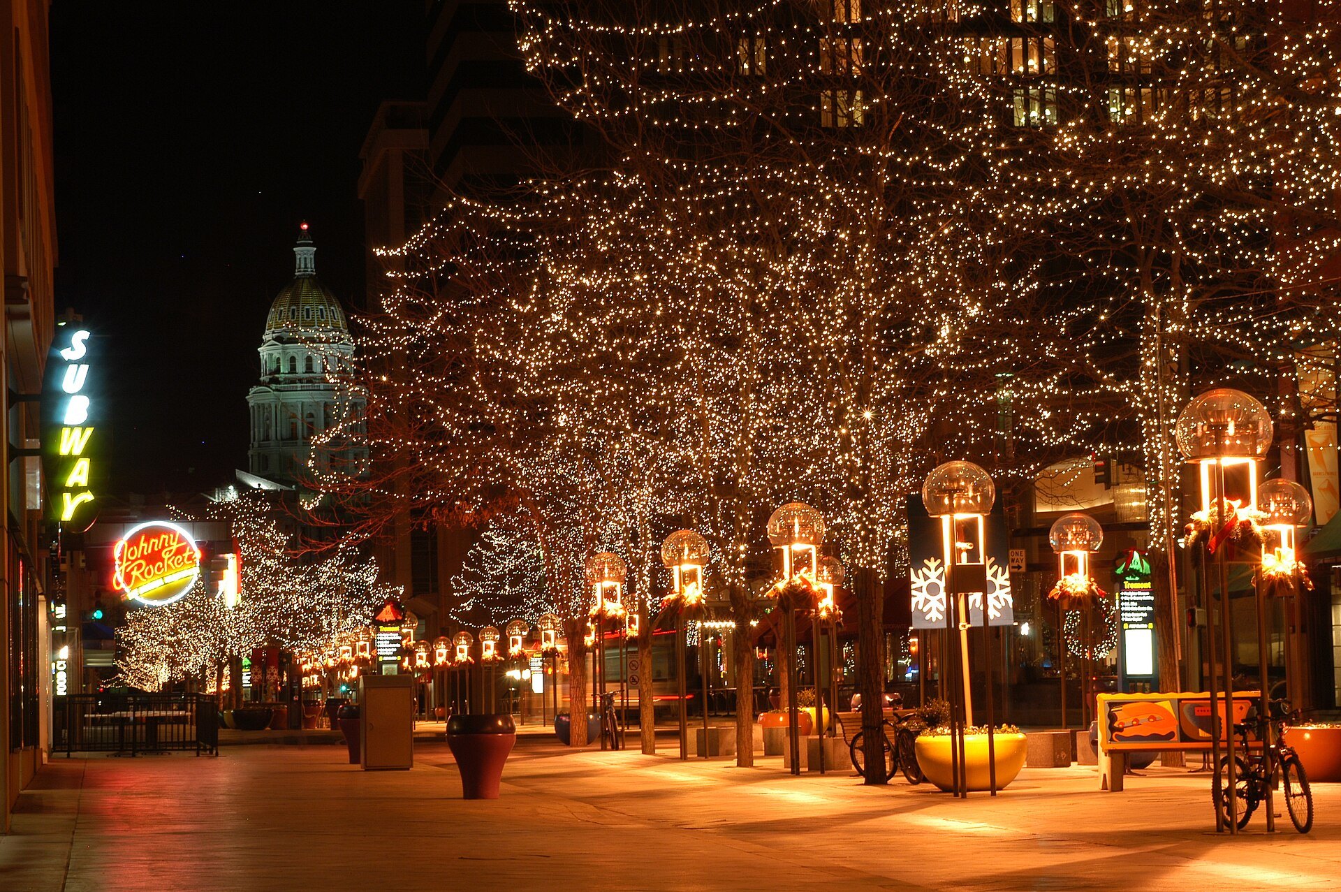 Holiday lights on the 16th Street Mall looking toward the Colorado State Capitol, 2003