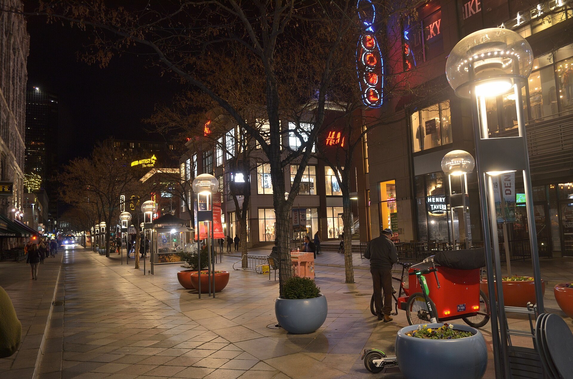 16th Street Mall night scene in downtown Denver