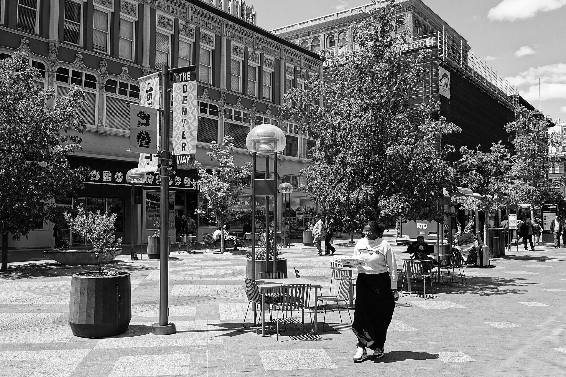 Black-and-white view of 16th Street in Denver after the 2025 renovation