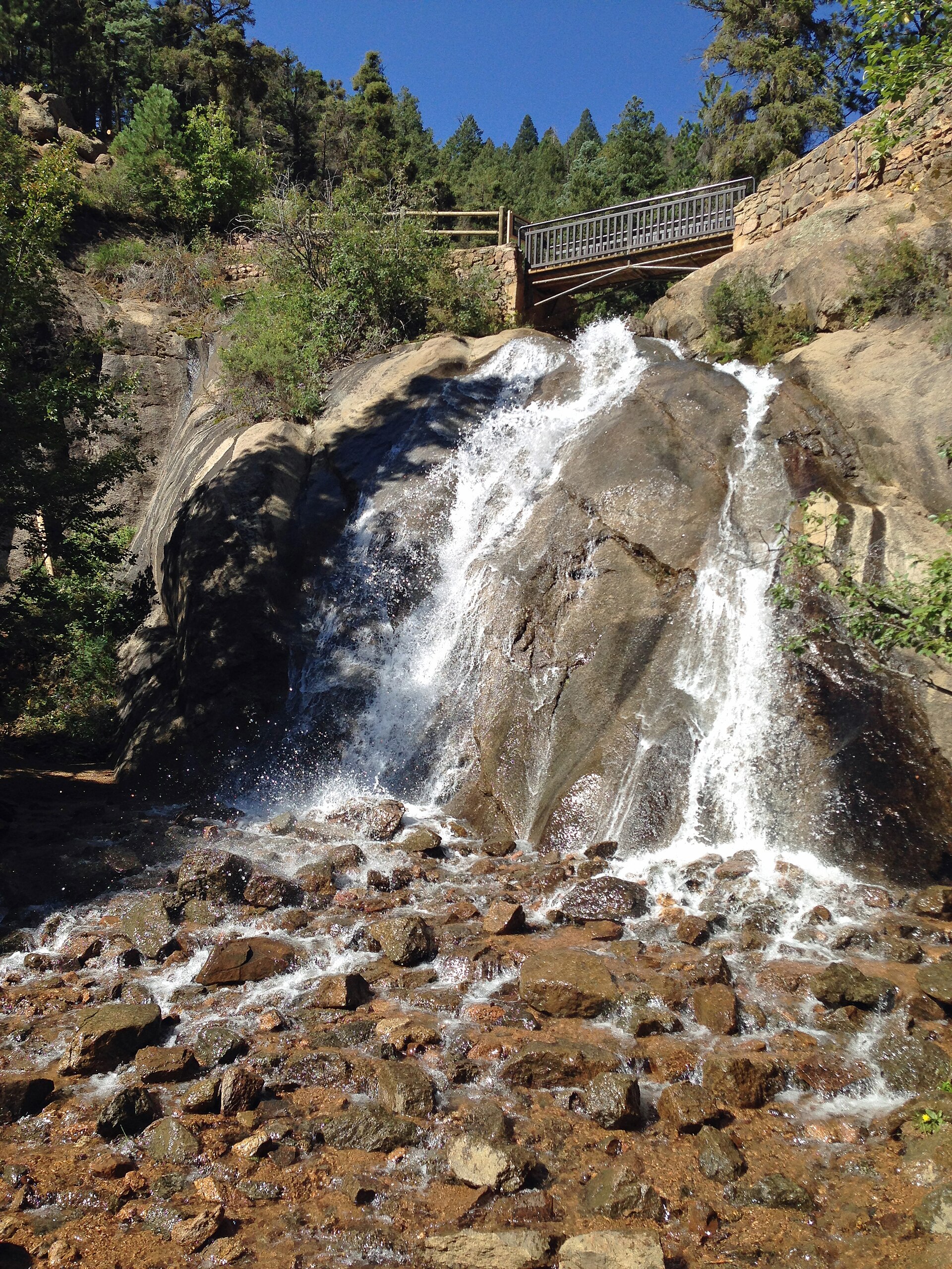 Helen Hunt Falls and the bridge on a clear day