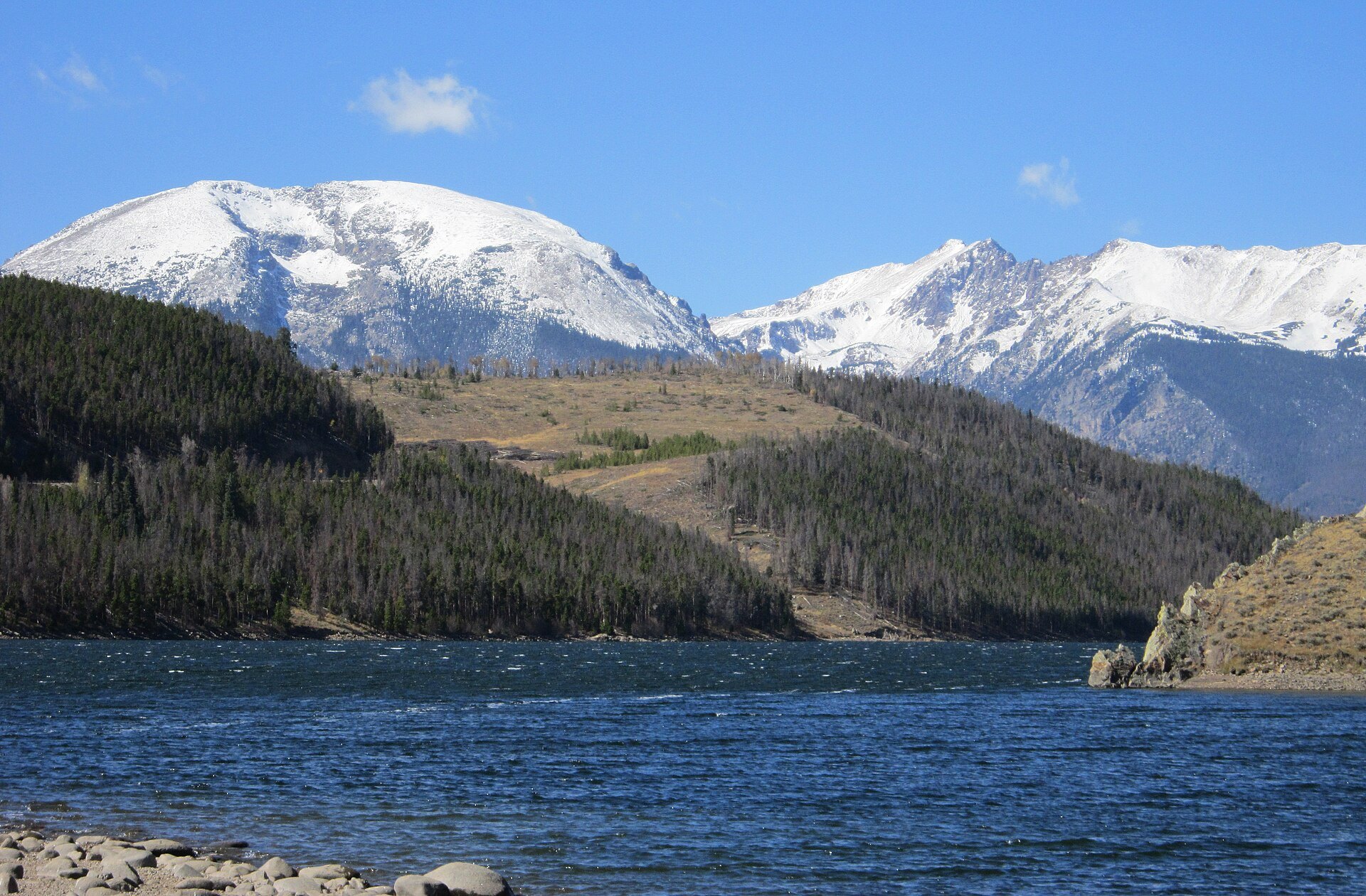 Lake Dillon (Dillon Reservoir) with snow-capped peaks in October, Summit County, Colorado