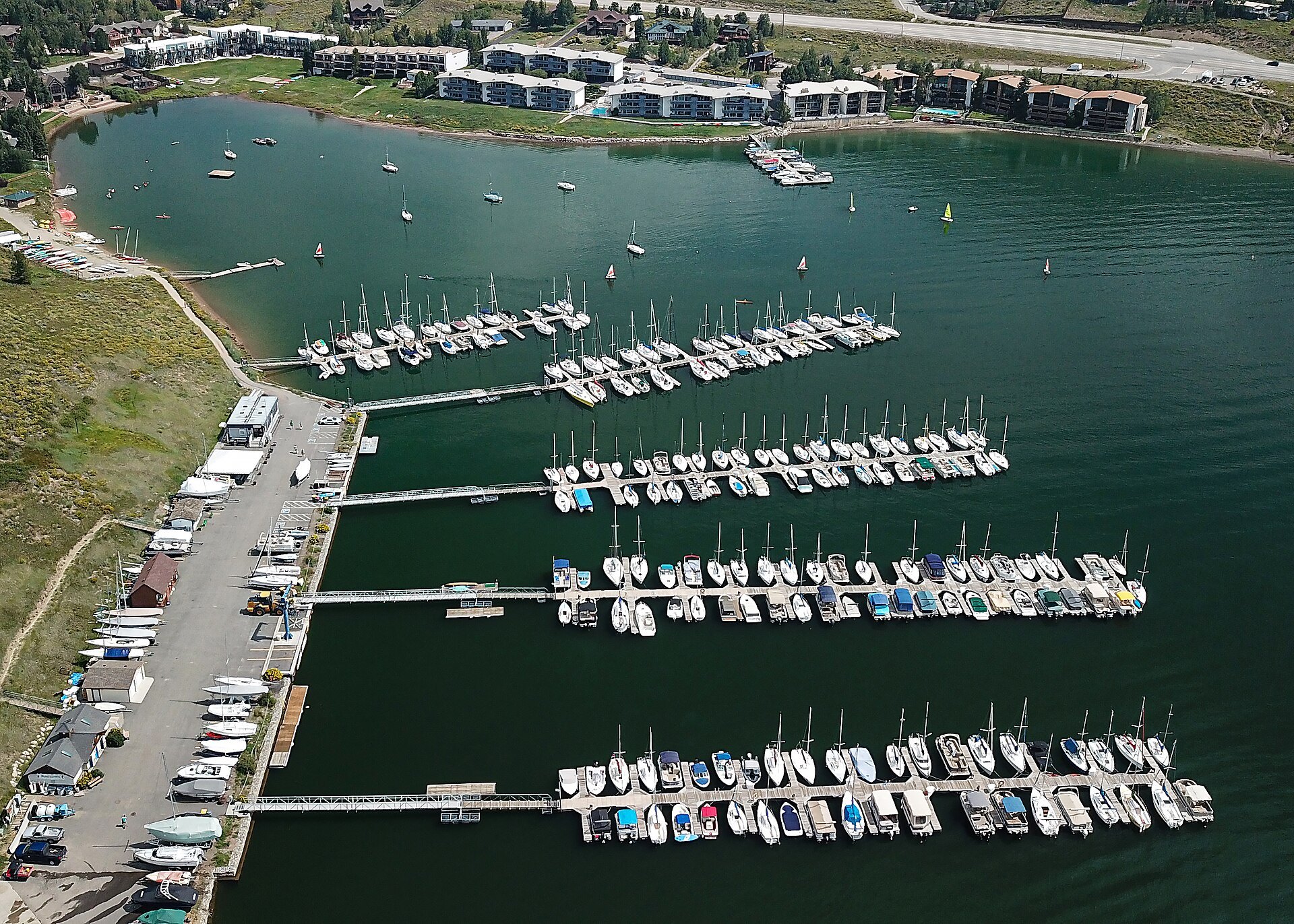 Aerial view of sailboats and docks on Dillon Reservoir near Frisco
