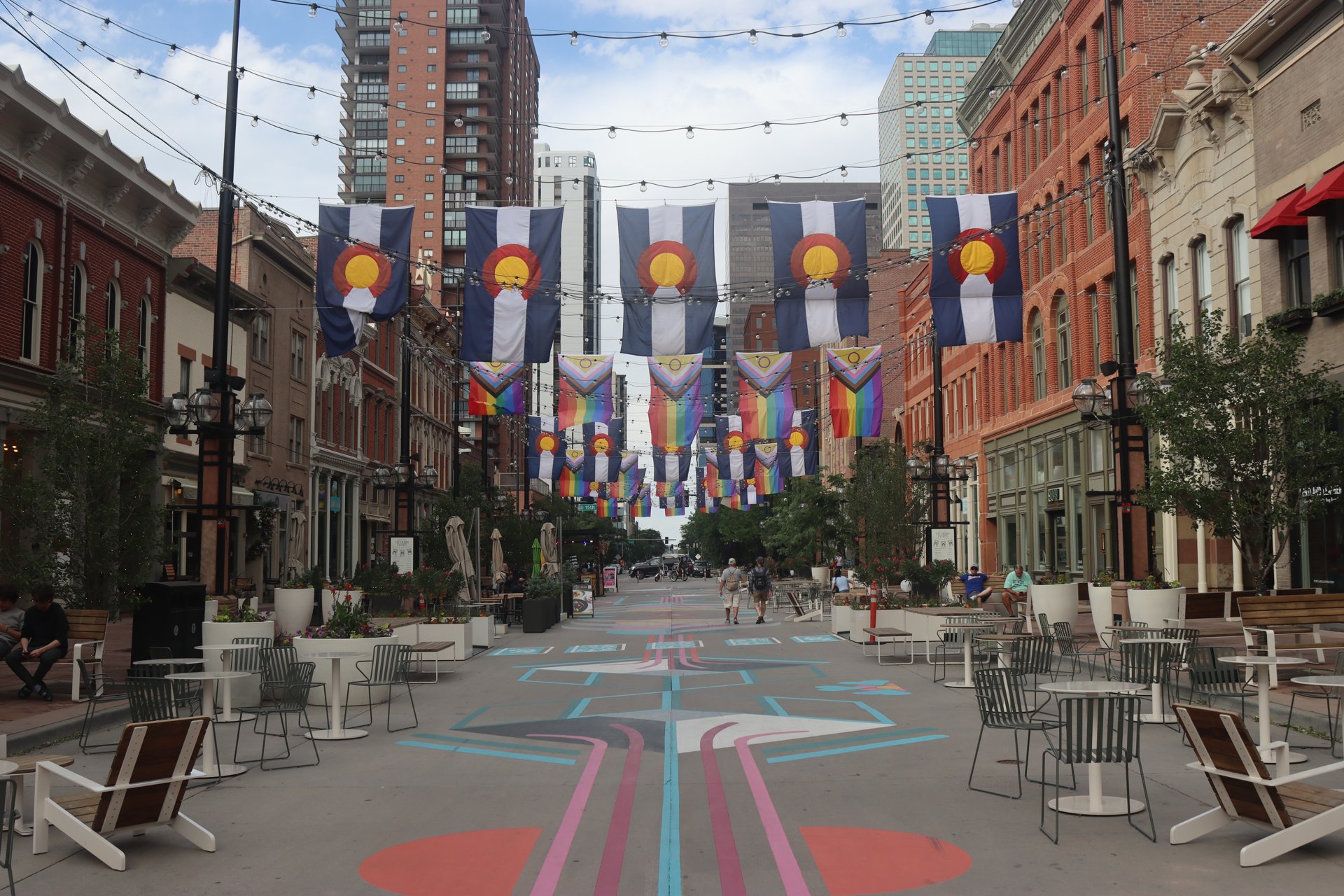 Colorado flag banners over Larimer Square in Denver