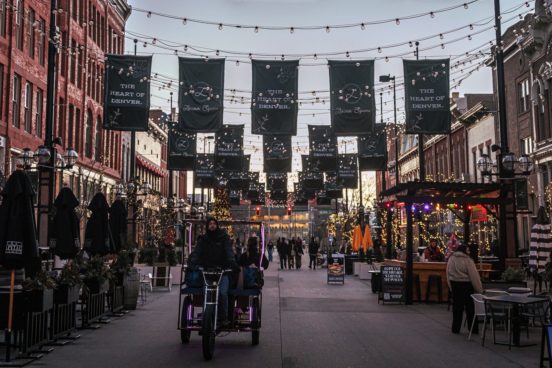 Larimer Square banners and patios in December
