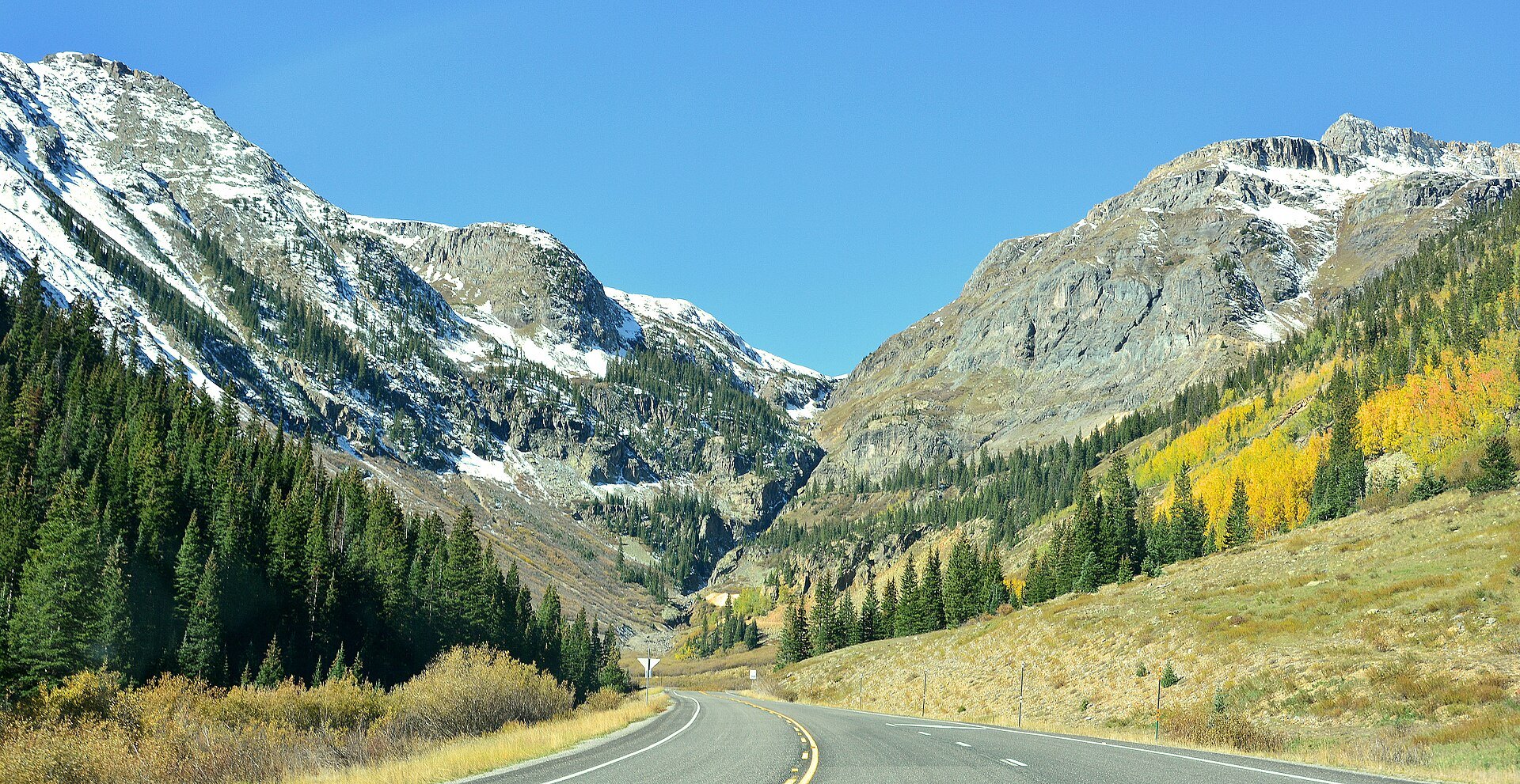 Snow-dusted San Juan peaks above the Million Dollar Highway, US 550, in fall
