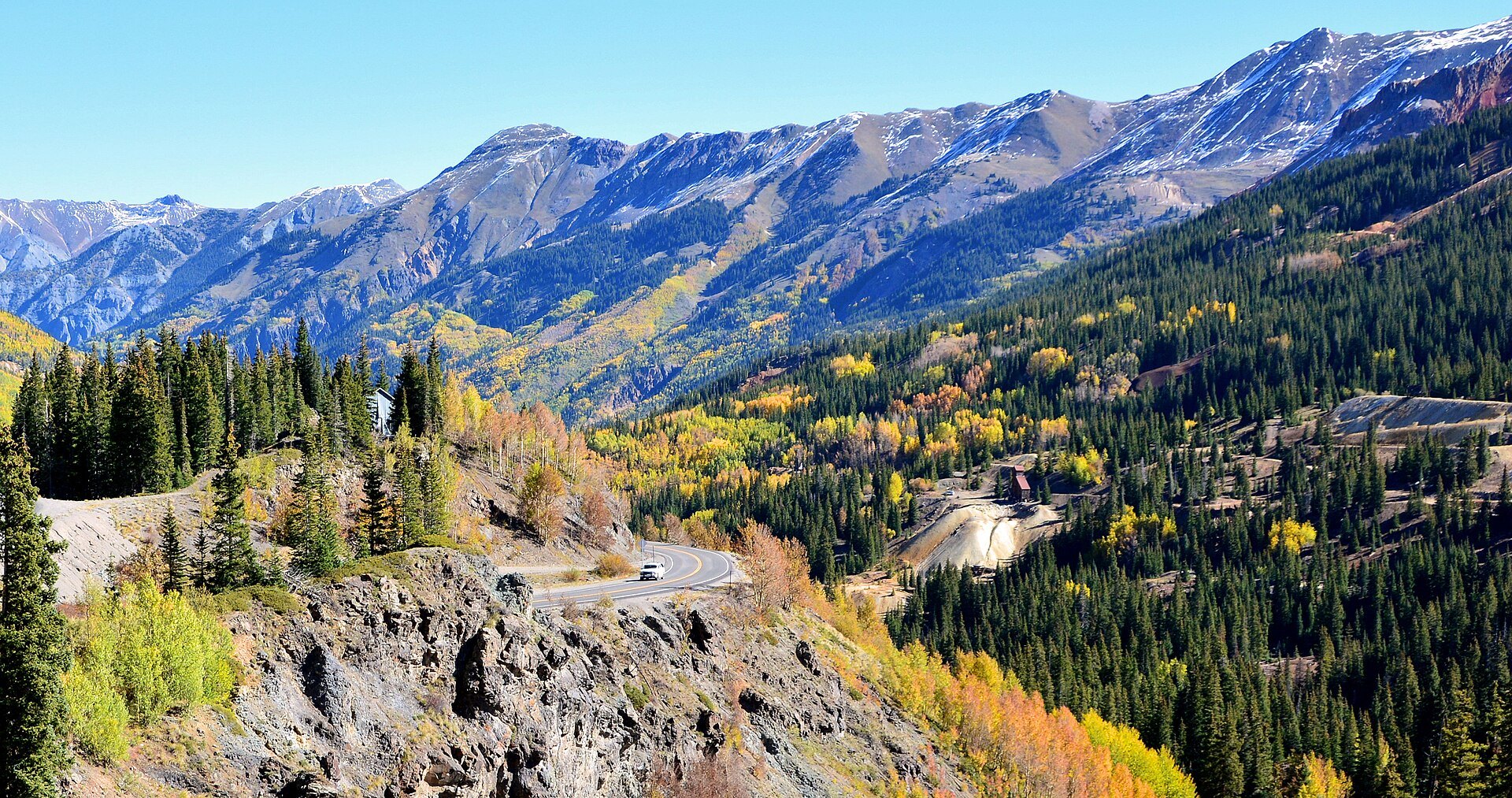 Autumn color on the slopes beside US 550 between Silverton and Ouray