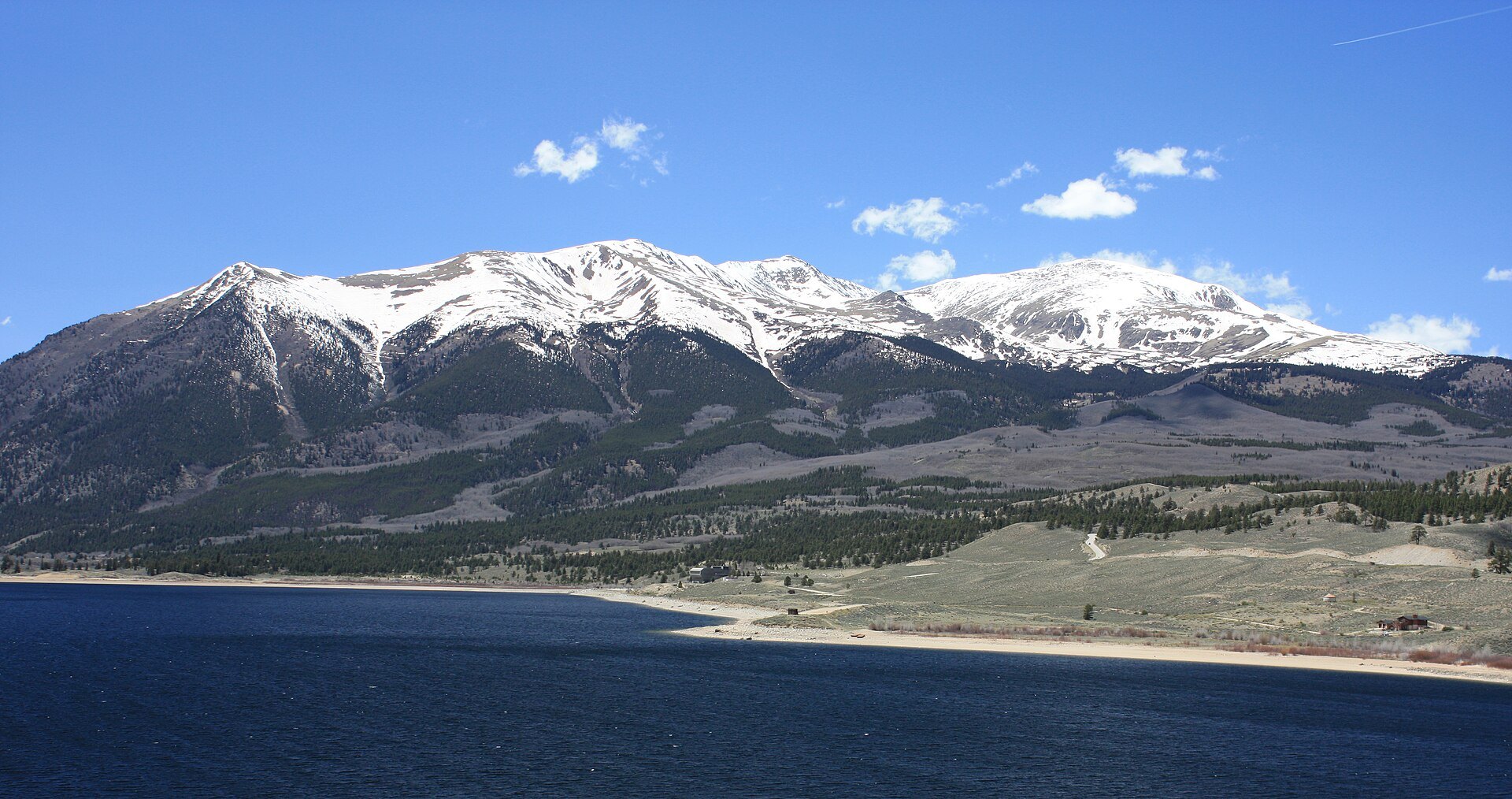 Snow-capped Mount Elbert rising above Twin Lakes, Colorado