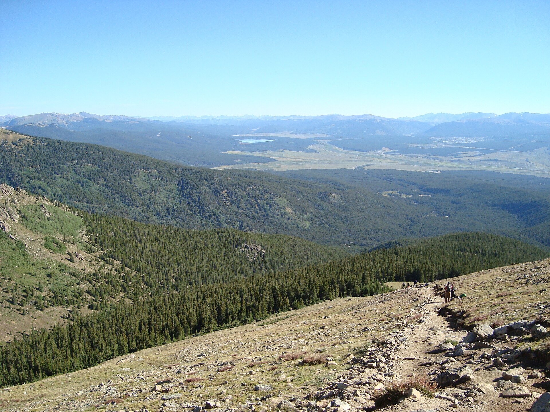 Mount Elbert Northeast Trail above tree line with Turquoise Lake in the distance