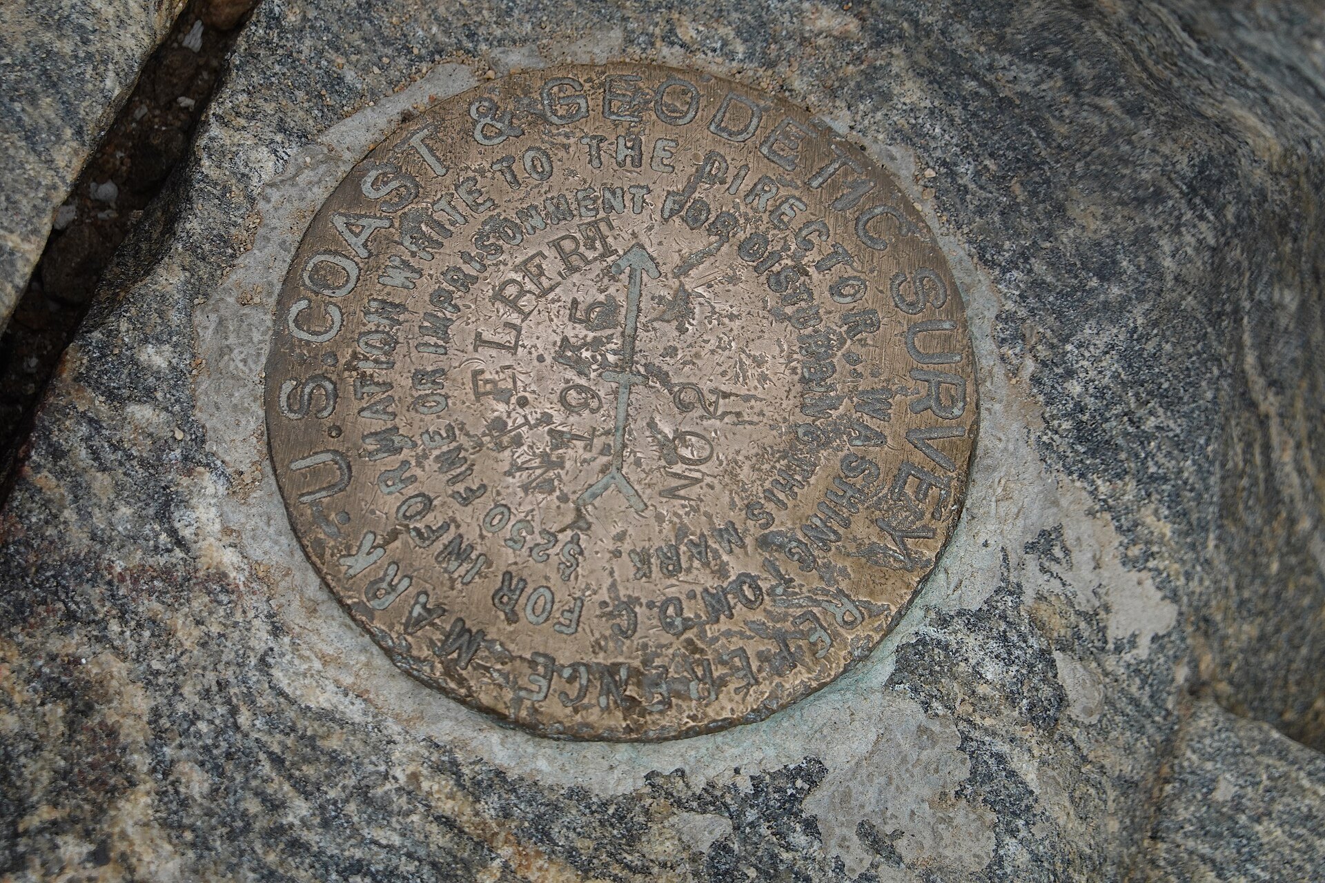 Survey marker on the summit of Mount Elbert, the highest point in Colorado