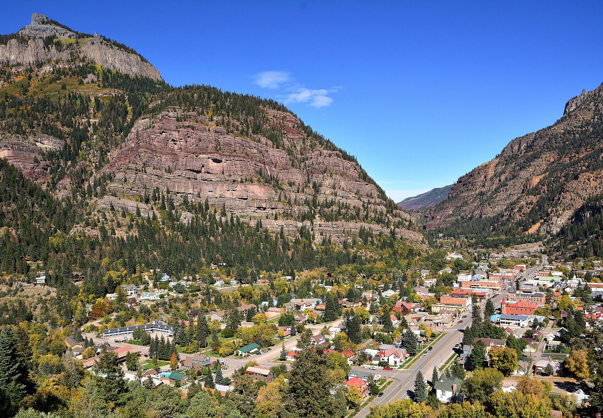 The town of Ouray, Colorado, surrounded by San Juan Mountain cliffs