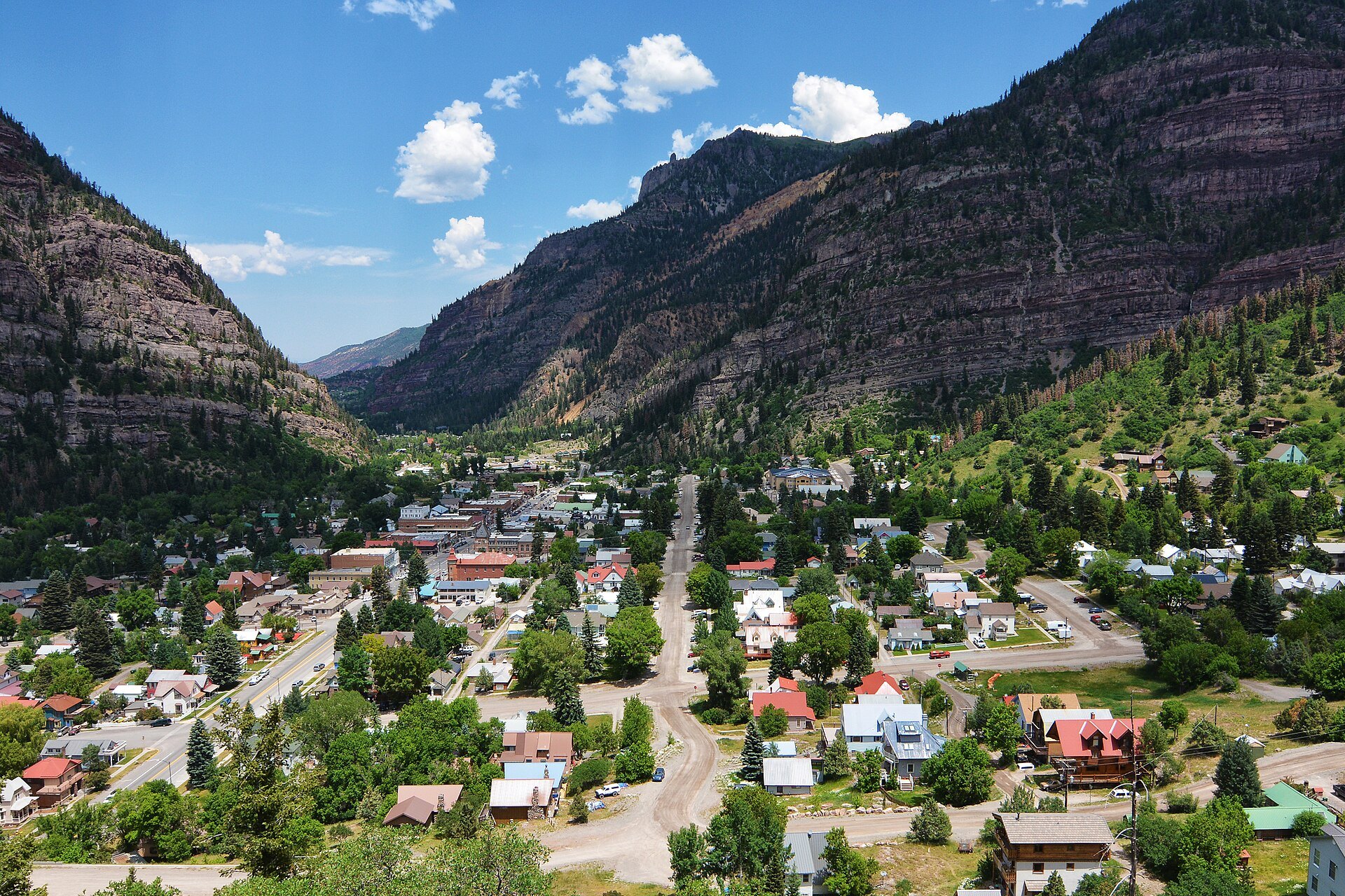 Ouray, Colorado, and its canyon walls seen from above town