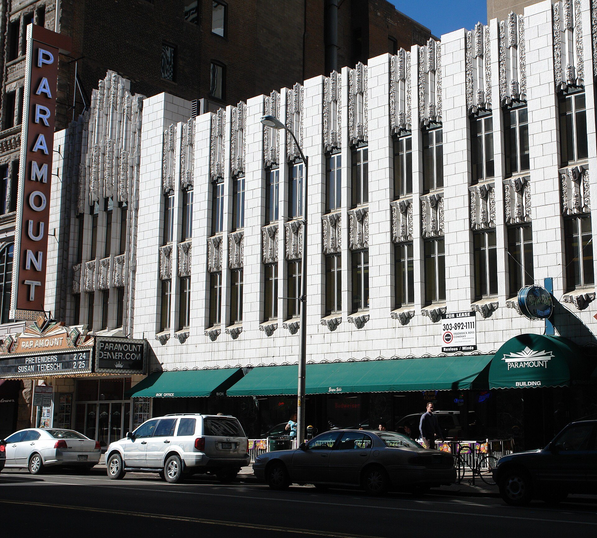 White terra-cotta Art Deco facade of the Paramount Theatre, Glenarm Place