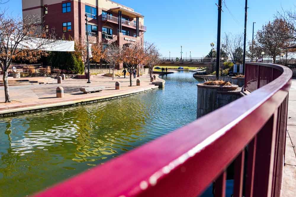 Pueblo Riverwalk channel seen from a footbridge