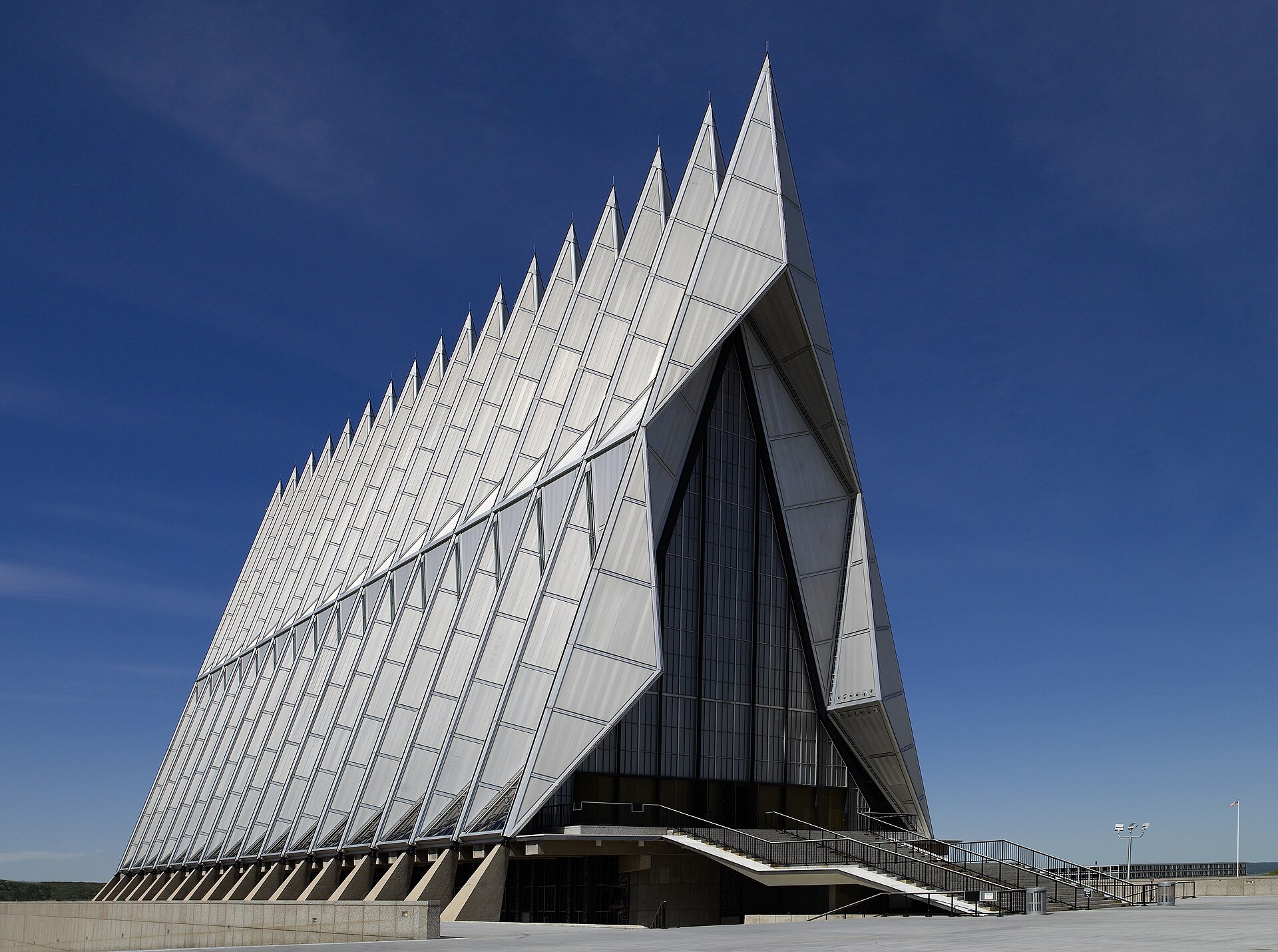 Air Force Academy Cadet Chapel against a deep blue sky