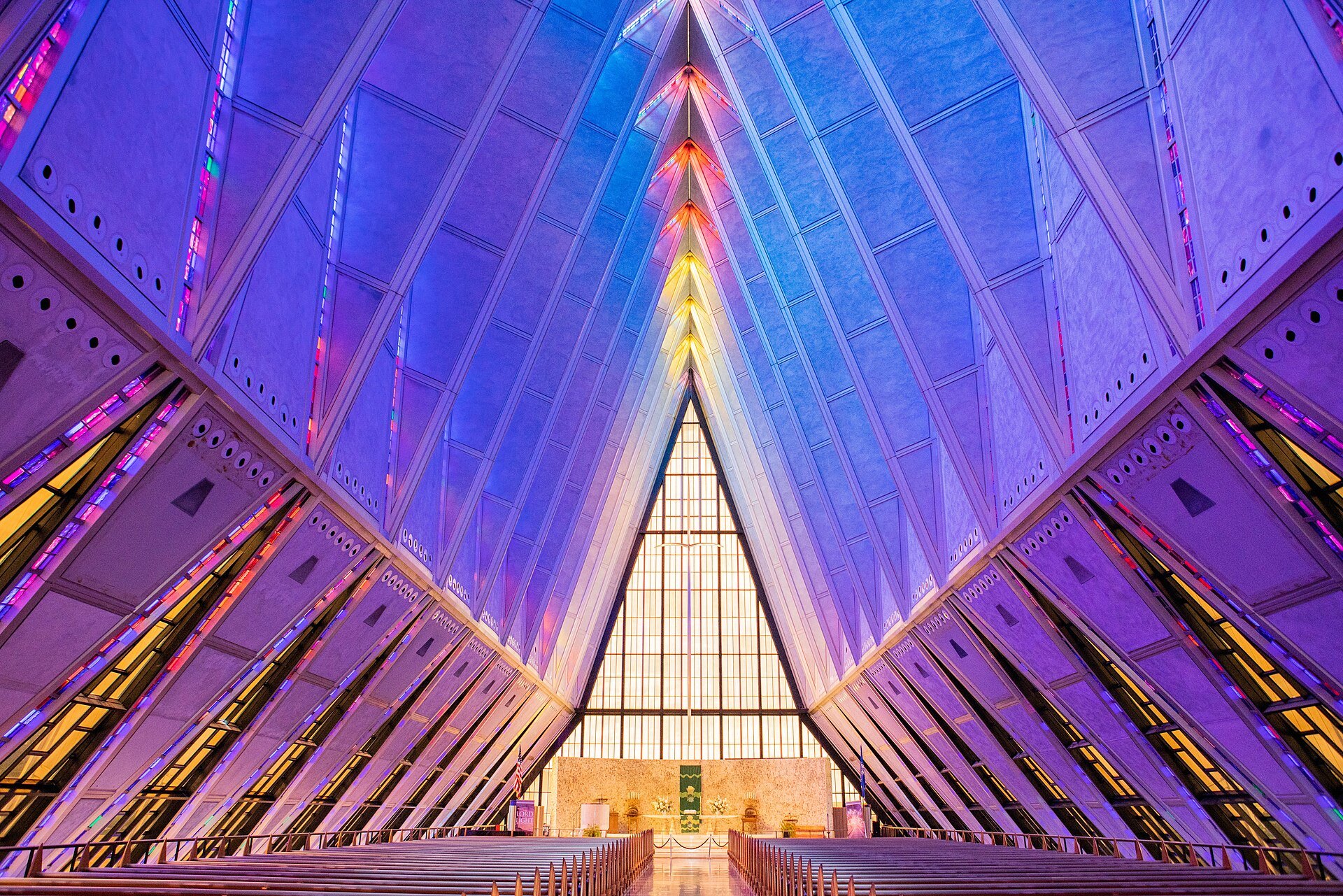 Colorful stained glass interior of the Air Force Academy Cadet Chapel