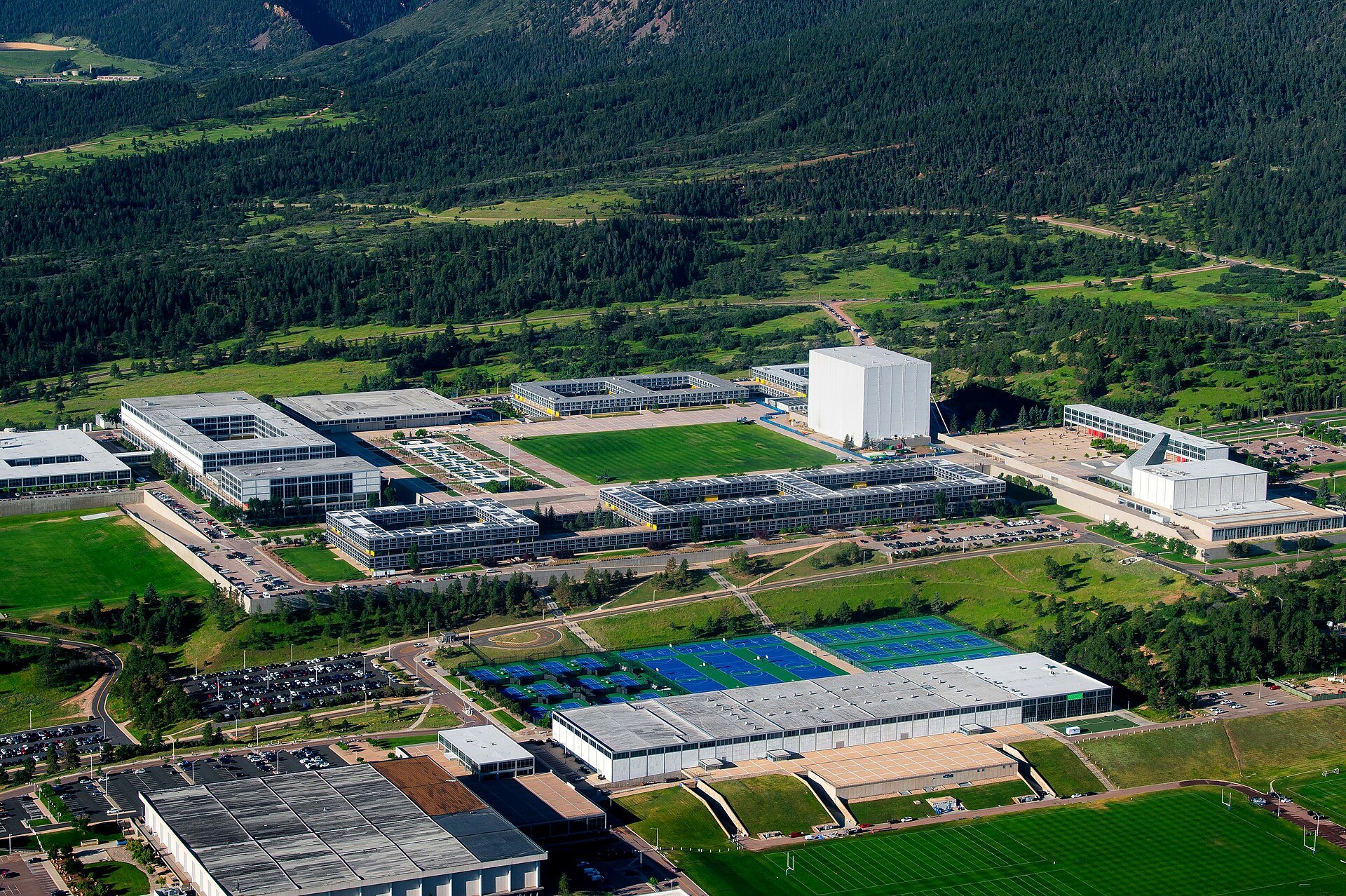 Aerial view of the U.S. Air Force Academy campus below the Rampart Range