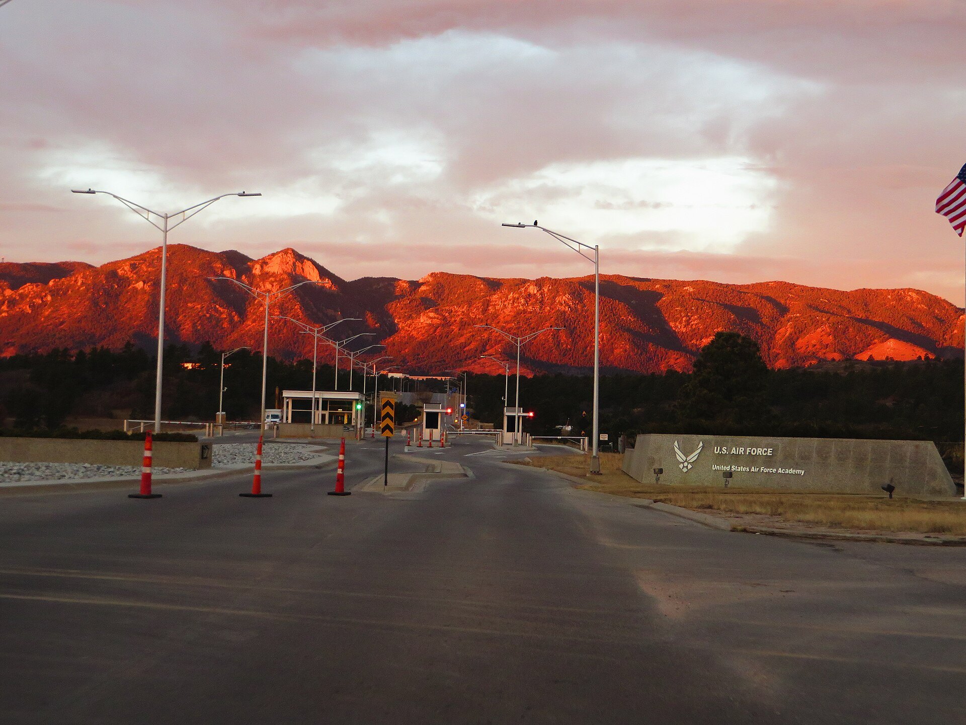 North Gate of the United States Air Force Academy at sunset