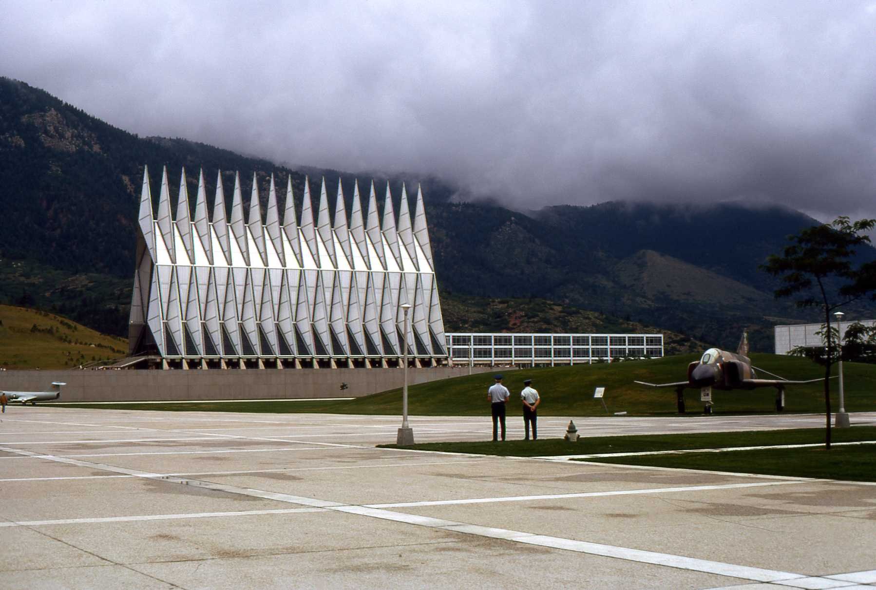 Air Force Academy Cadet Chapel with Front Range mountains behind it