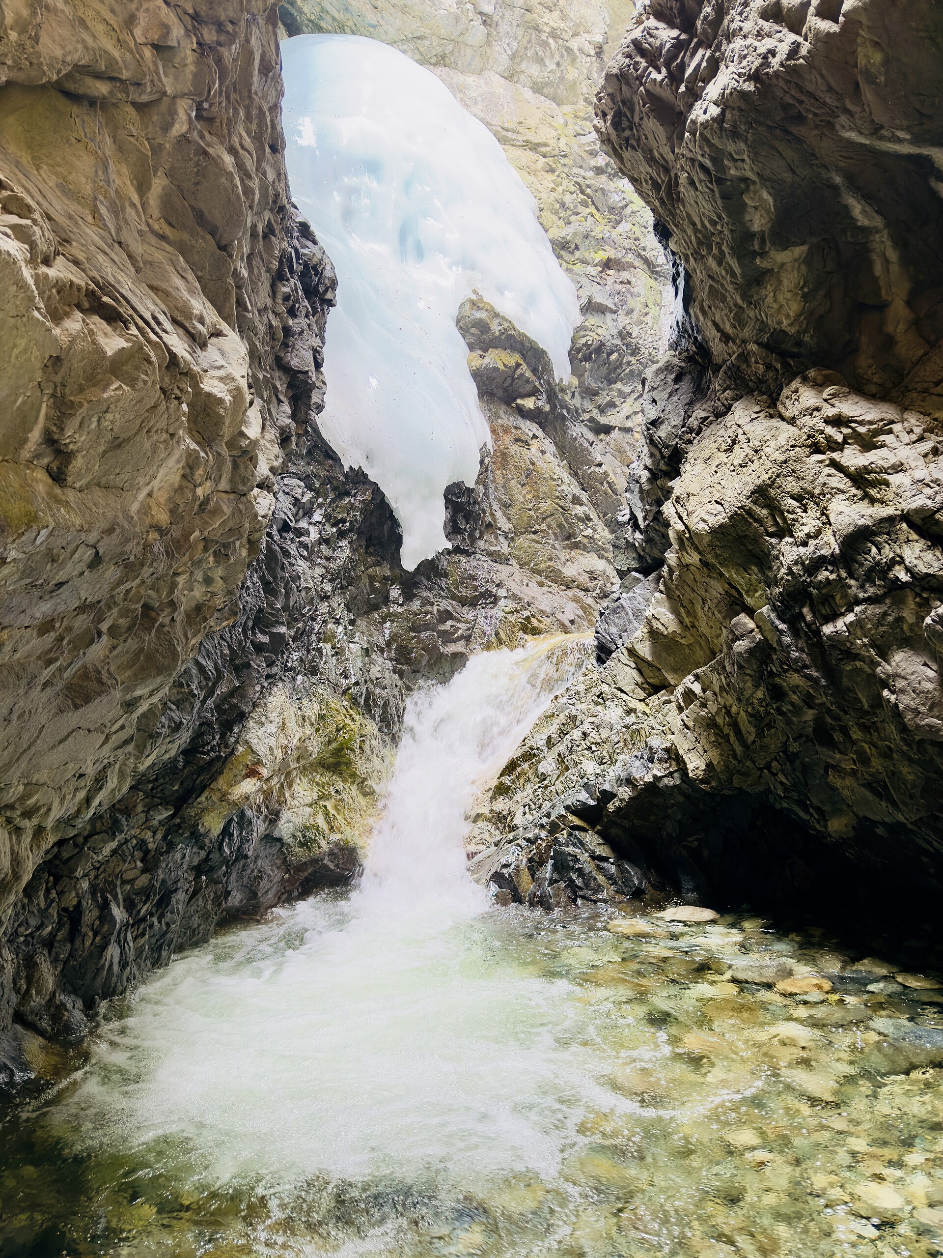 Ice formations at Zapata Falls in early summer